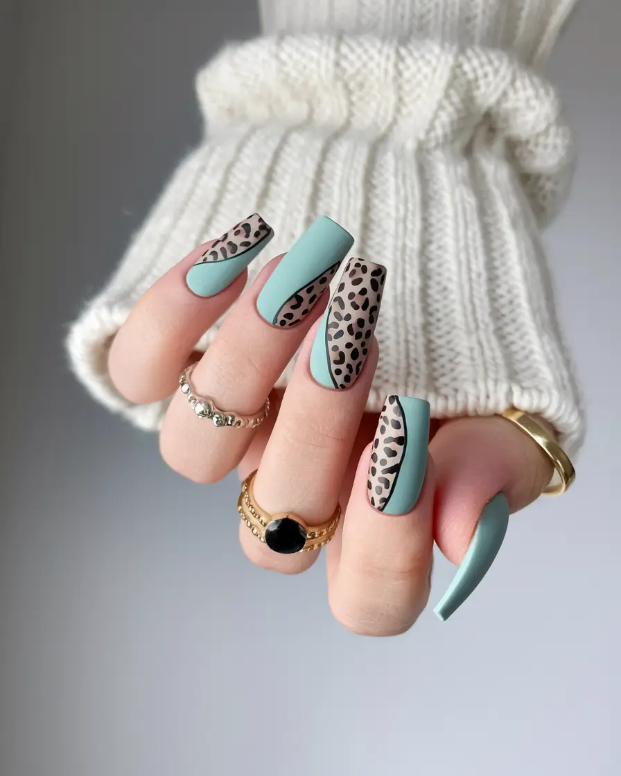 medium fall nails ideas 2025 Mint Leopard Matte Coffin