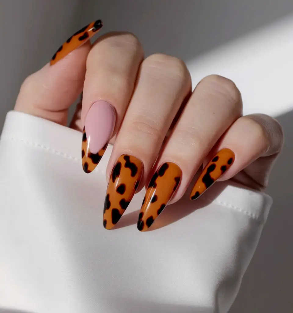 medium fall nails ideas 2025 Tortoiseshell Almond with Nude Accent