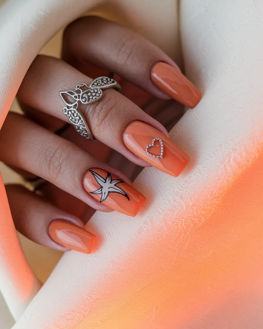 medium fall nails ideas 2025 Peachy Square with Heart and Star Art