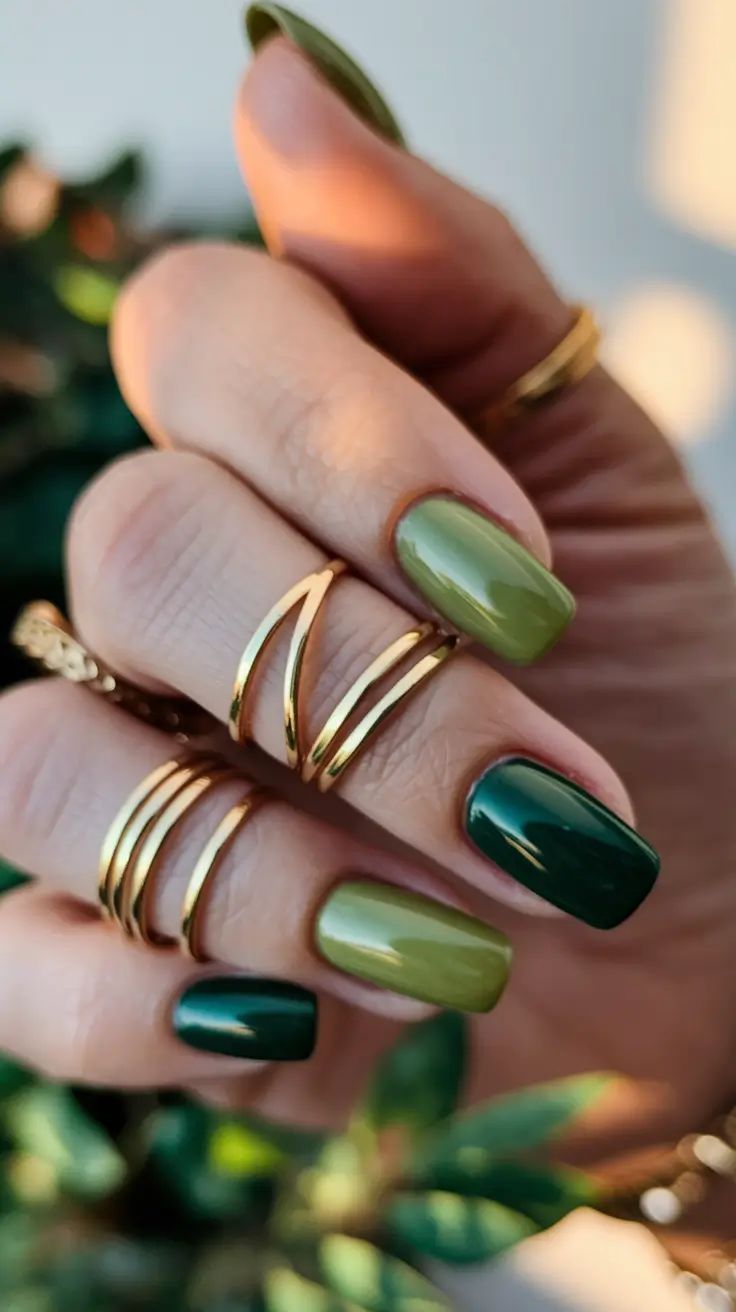 medium fall nails ideas 2025 Two-Tone Olive and Forest Square