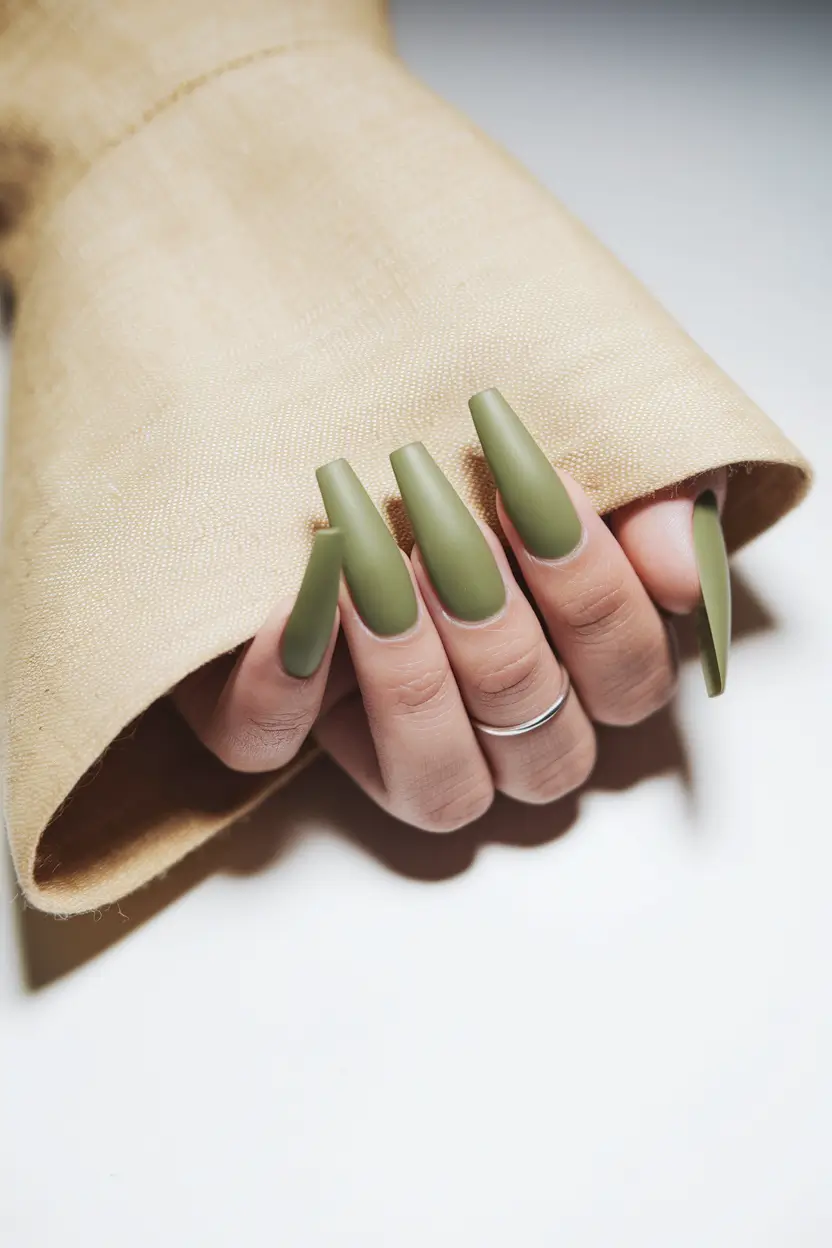 medium fall nails ideas 2025 Matte Olive Coffin