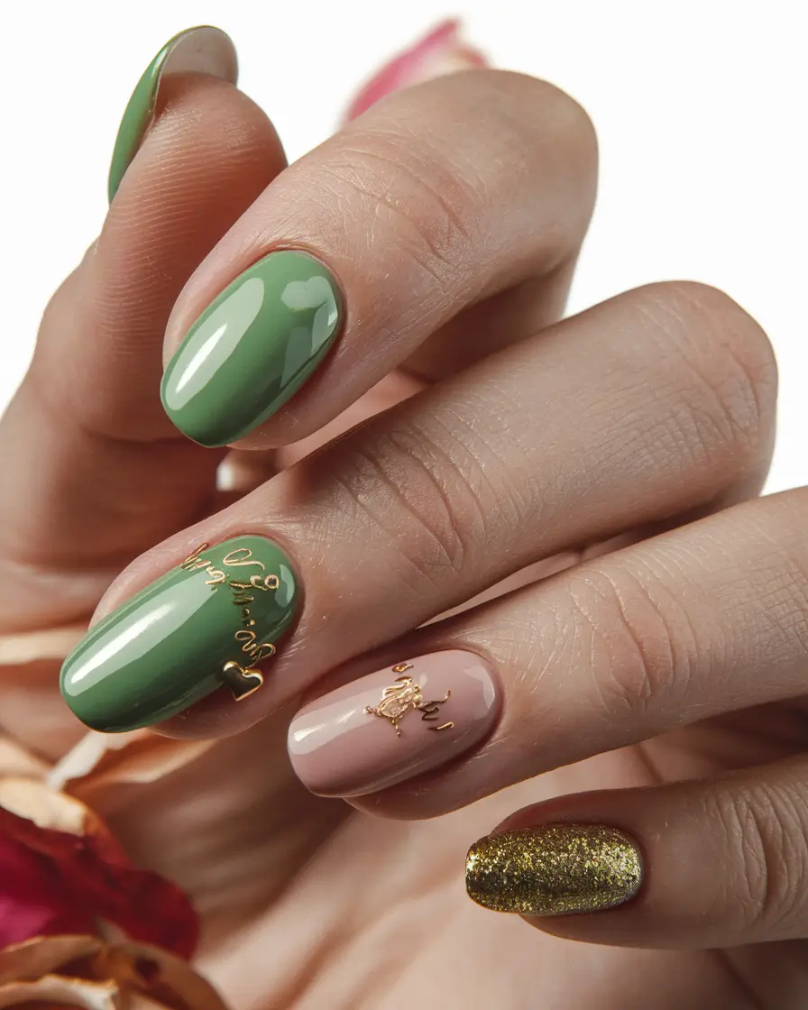 medium fall nails ideas 2025 Green and Nude Mix with Gold Accents