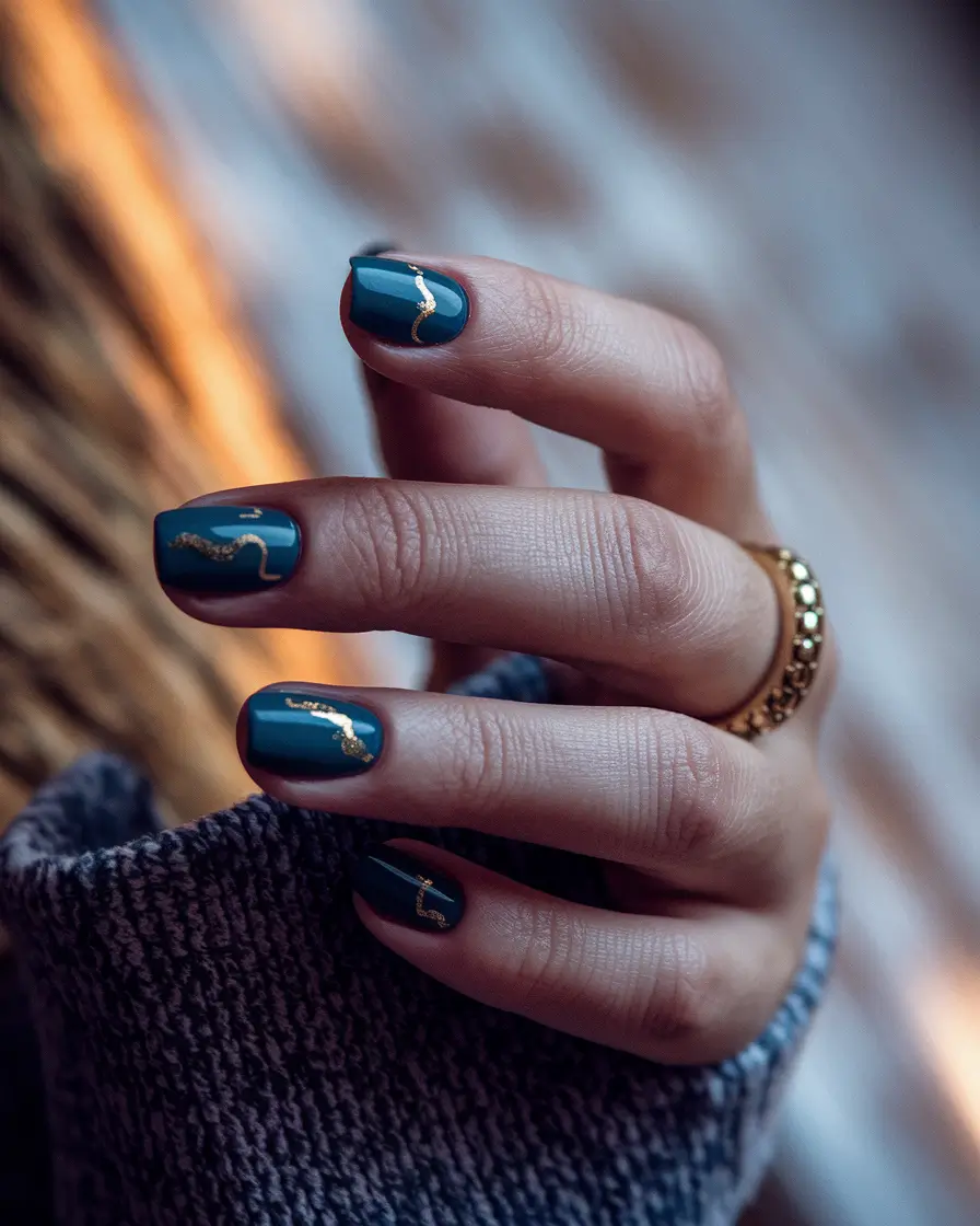 medium fall nails ideas 2025 Teal Short Set with Gold Accents
