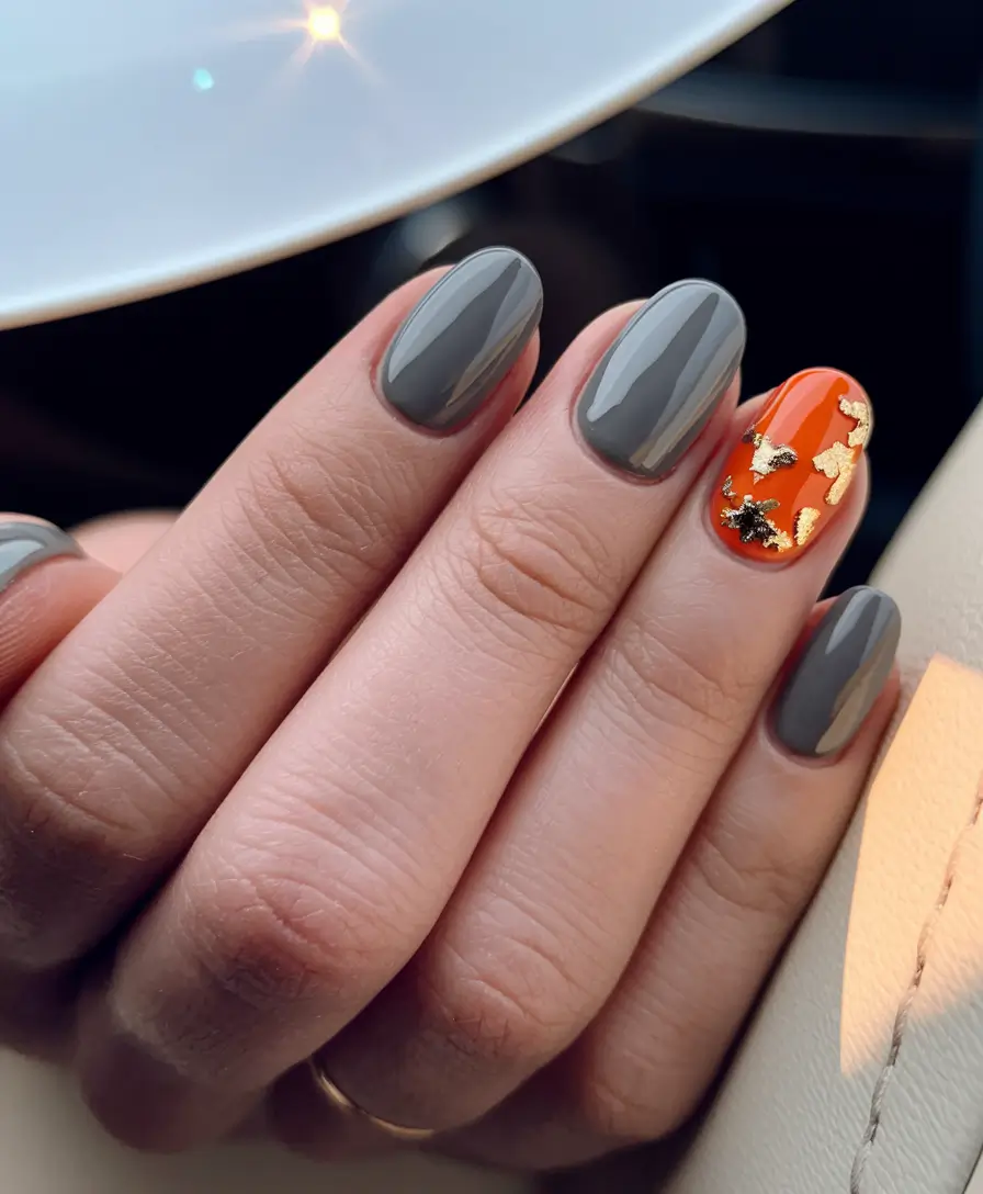 medium fall nails ideas 2025 Grey Almond with Autumn Orange Accent