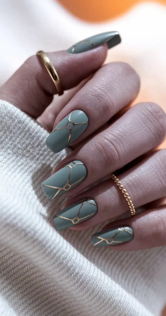 medium fall nails ideas 2025 Sage Green Coffin with Geometric Gold