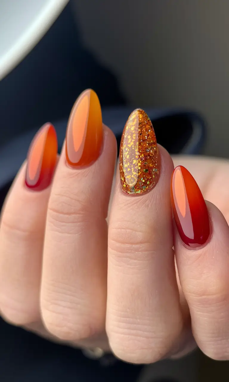medium fall nails ideas 2025 Amber Ombre with Glitter Accent