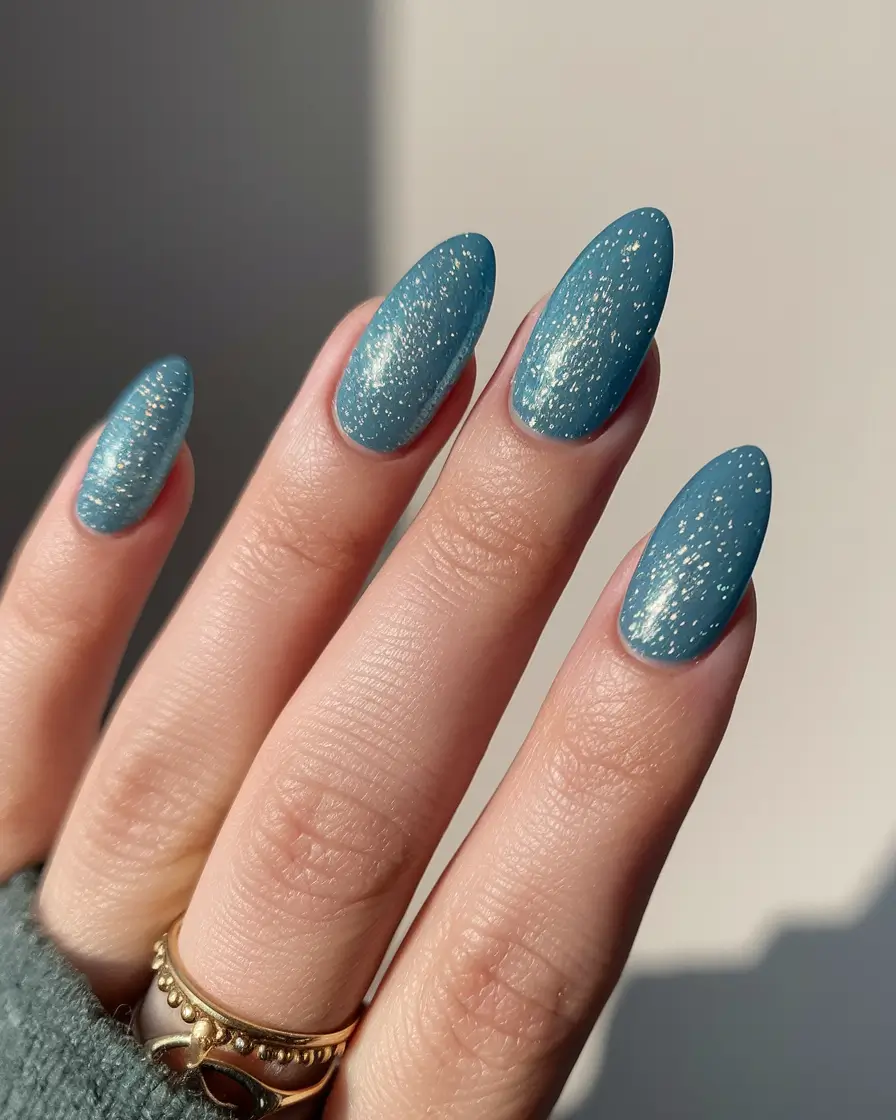 medium fall nails ideas 2025 Frosted Teal Glitter Almond