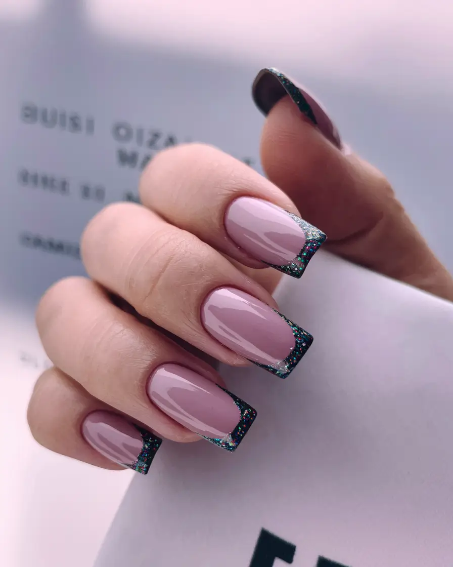 medium fall nails ideas 2025 Rose Pink Square with Glitter French
