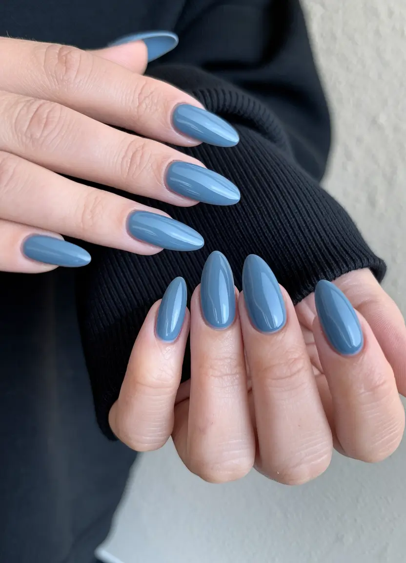 medium fall nails ideas 2025 Smoky Blue Almond Gloss