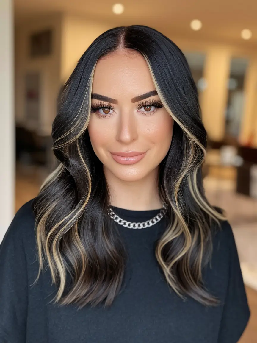 Medium-Length hairstyle for Fall 2025 Dark Waves with Highlights
