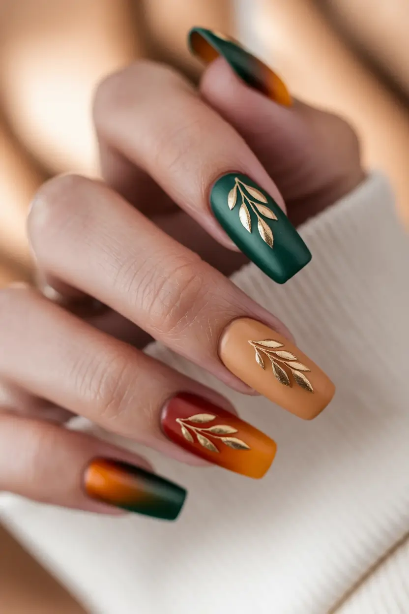 Neutral Fall Nails 2025 Ideas Elegant Matte Leaves in Autumn Shades