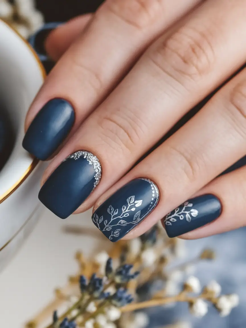 Neutral Fall Nails 2025 Ideas Matte Navy with Silver Detailing