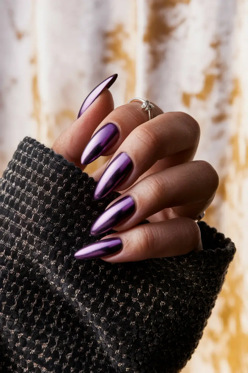 Neutral Fall Nails 2025 Ideas Violet Chrome Almond