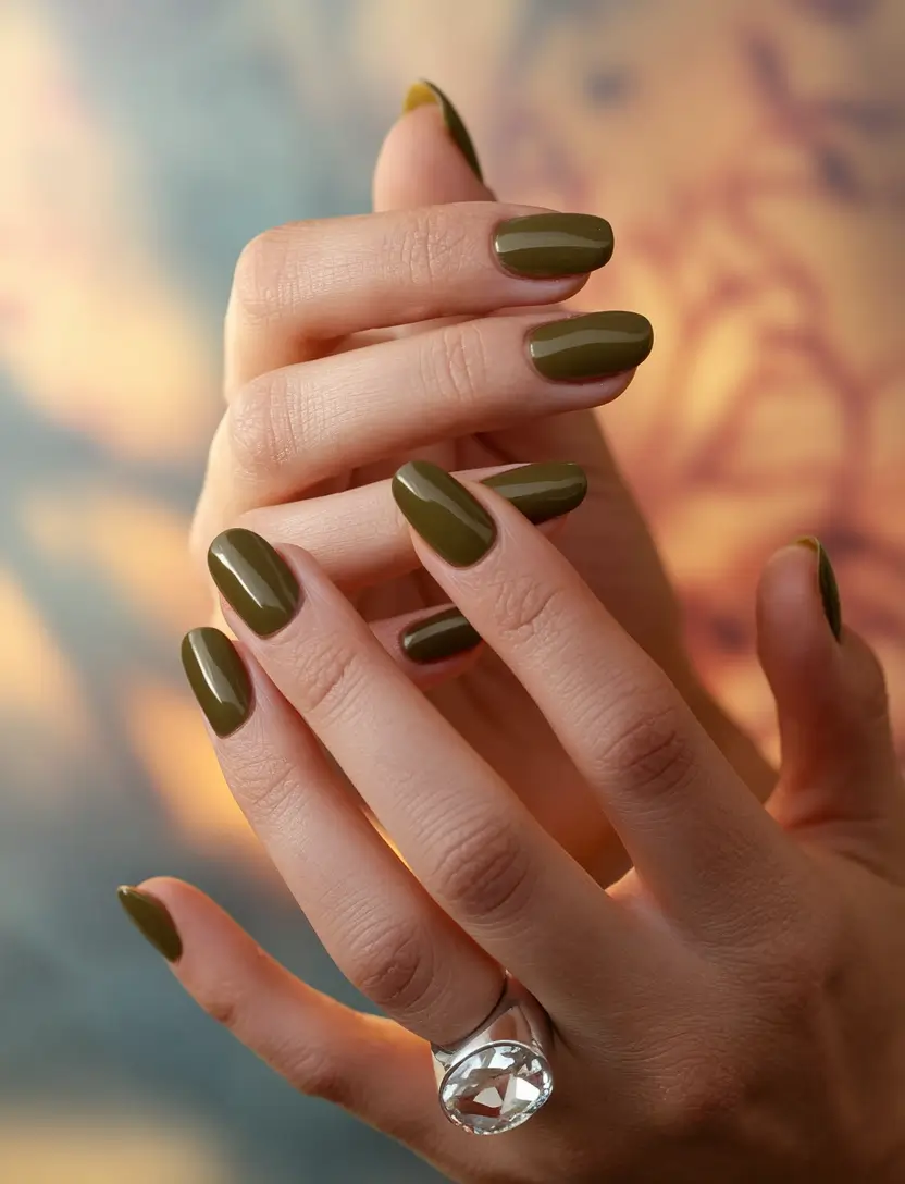 Neutral Fall Nails 2025 Ideas Classic Olive Green Charm
