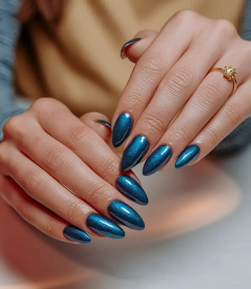 Neutral Fall Nails 2025 Ideas Midnight Chrome Blue