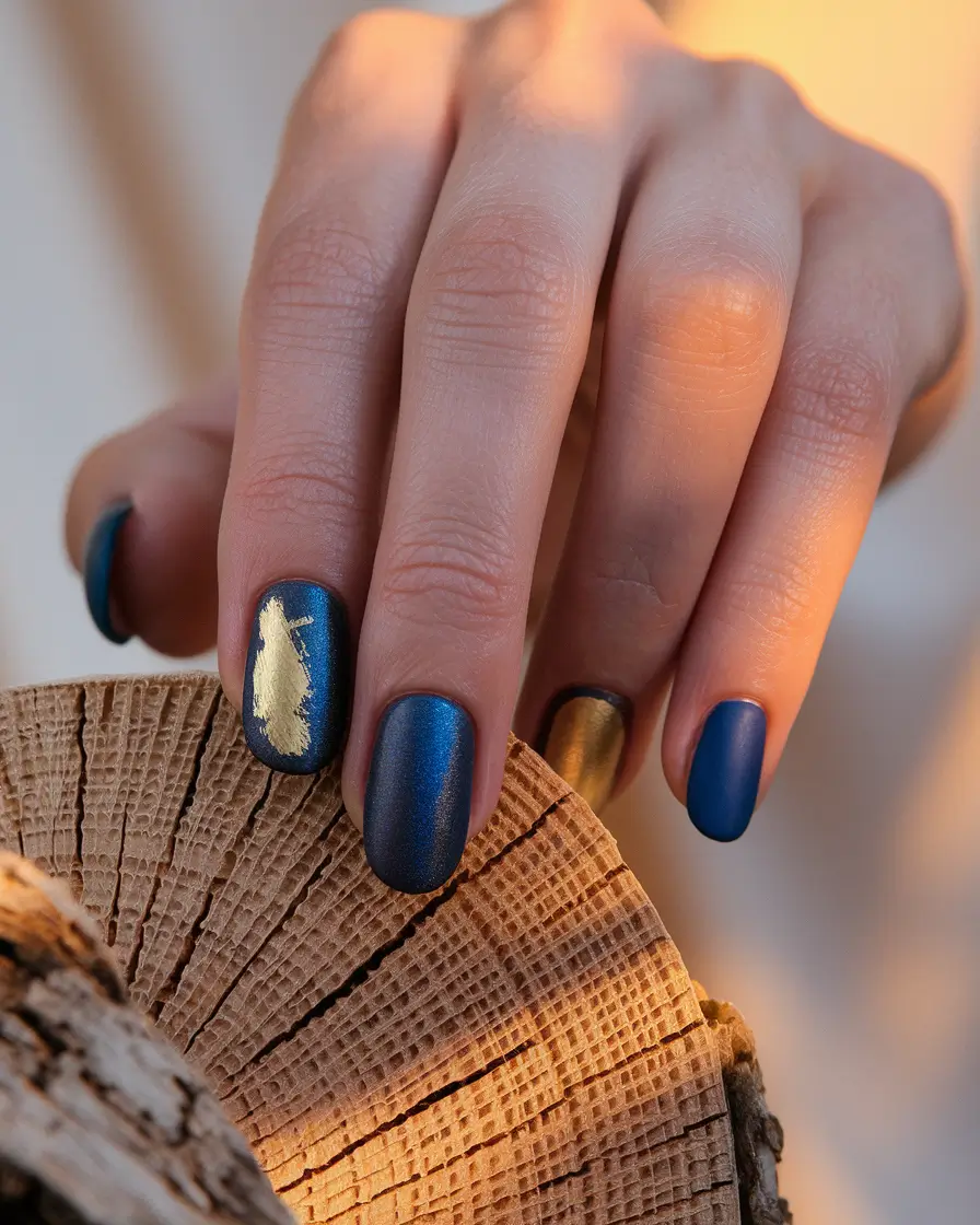 Neutral Fall Nails 2025 Ideas Blue with Golden Brushstrokes