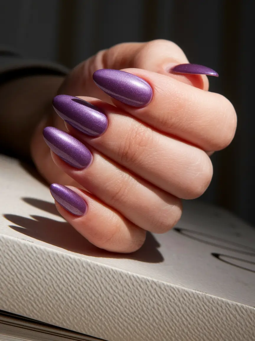 Neutral Fall Nails 2025 Ideas Soft Metallic Purple Almond