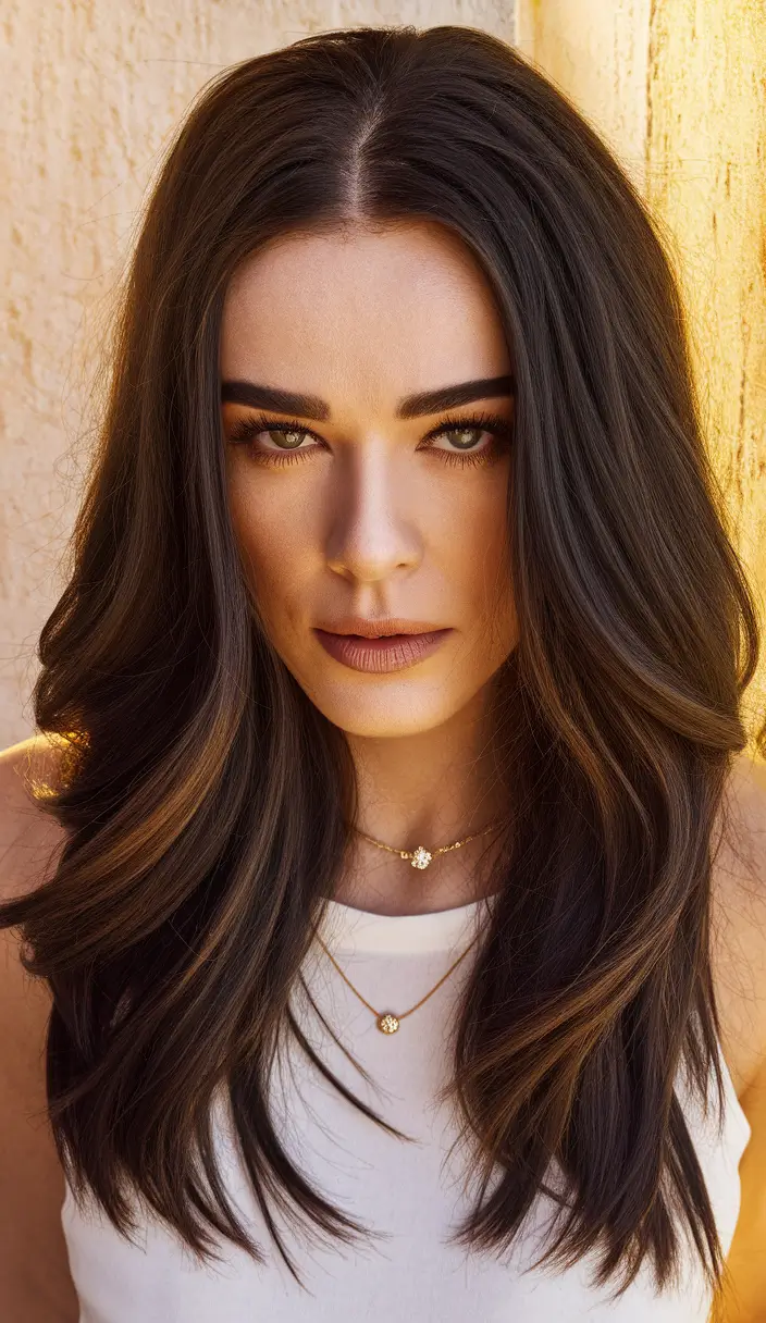 Rich Dark Brown Hair Colors for Fall 2025 Sunlit Brunette with Soft Caramel Veins