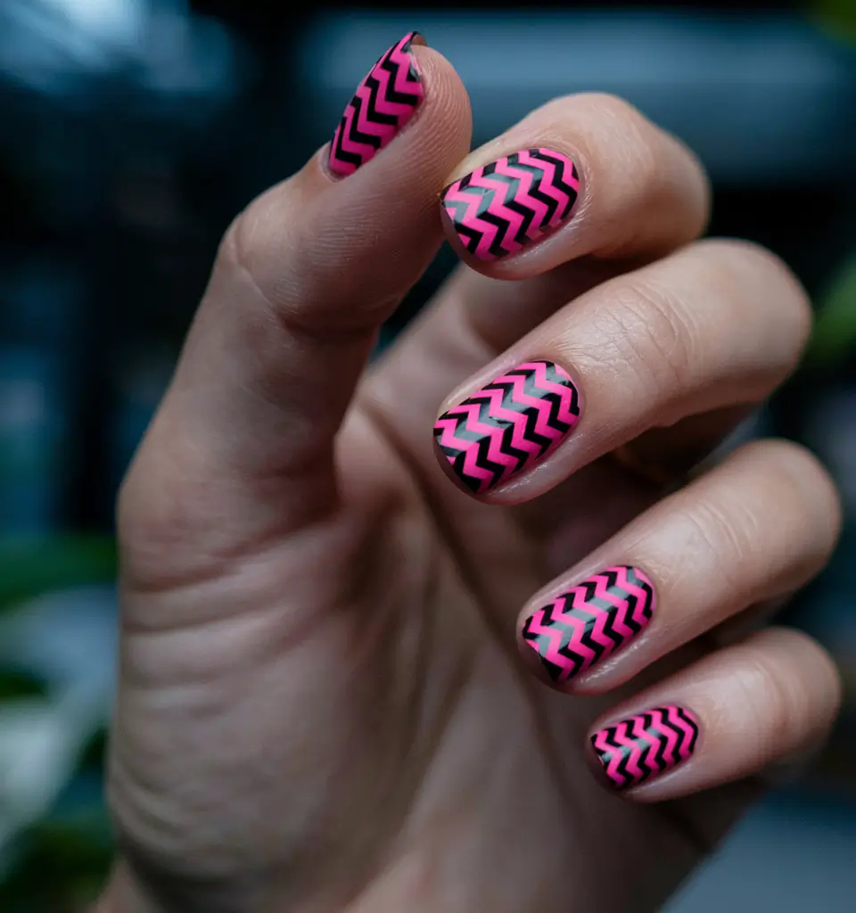Short Fall Nail Trends 2025 Electric Pink Chevron Pop