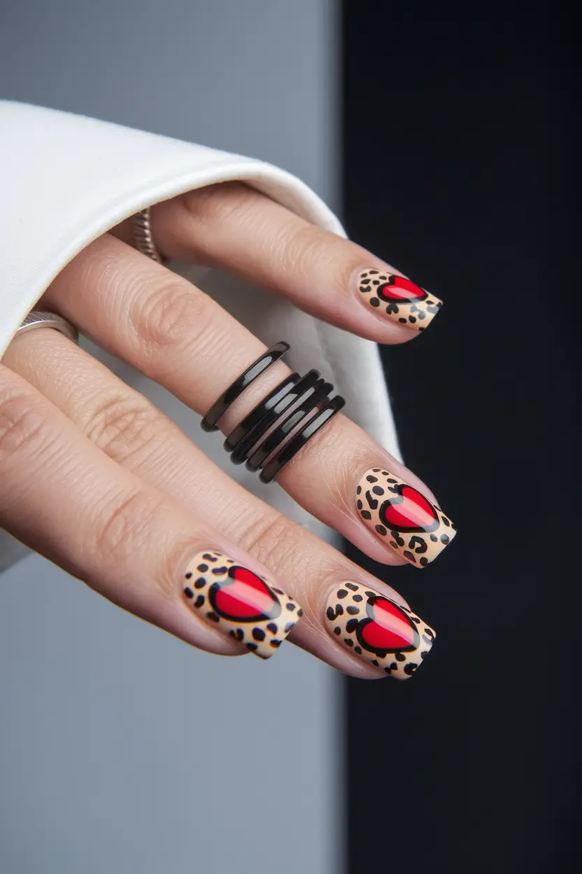 Short Fall Nail Trends 2025 Leopard Heart Accent