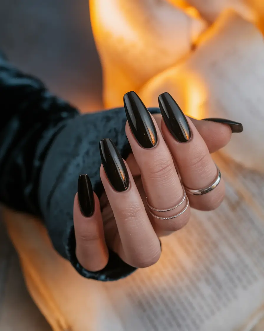 Stylish Dark Fall Nails 2025 Glossy Black Coffin