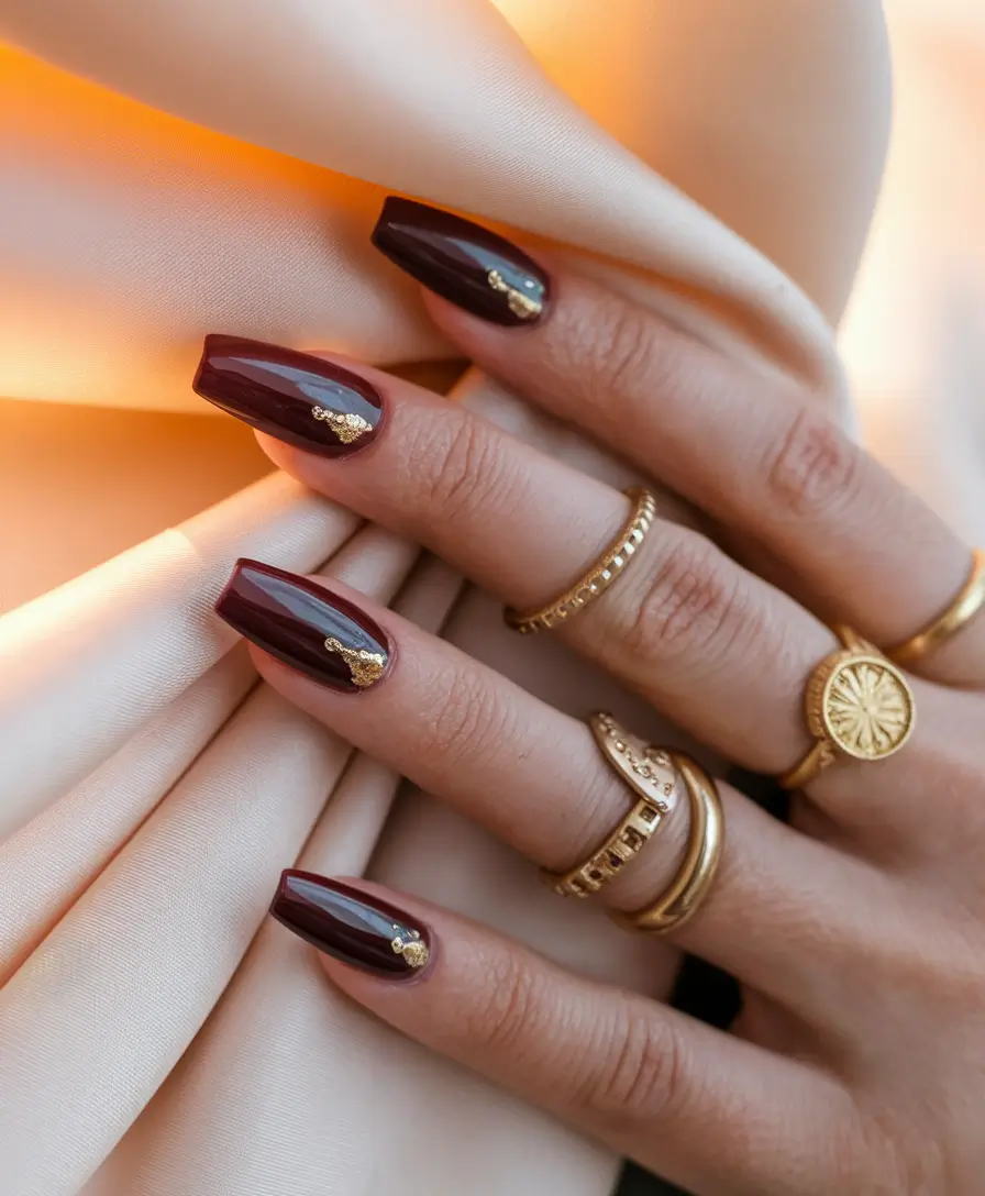 Stylish Dark Fall Nails 2025 Burgundy Square with Gold Accents