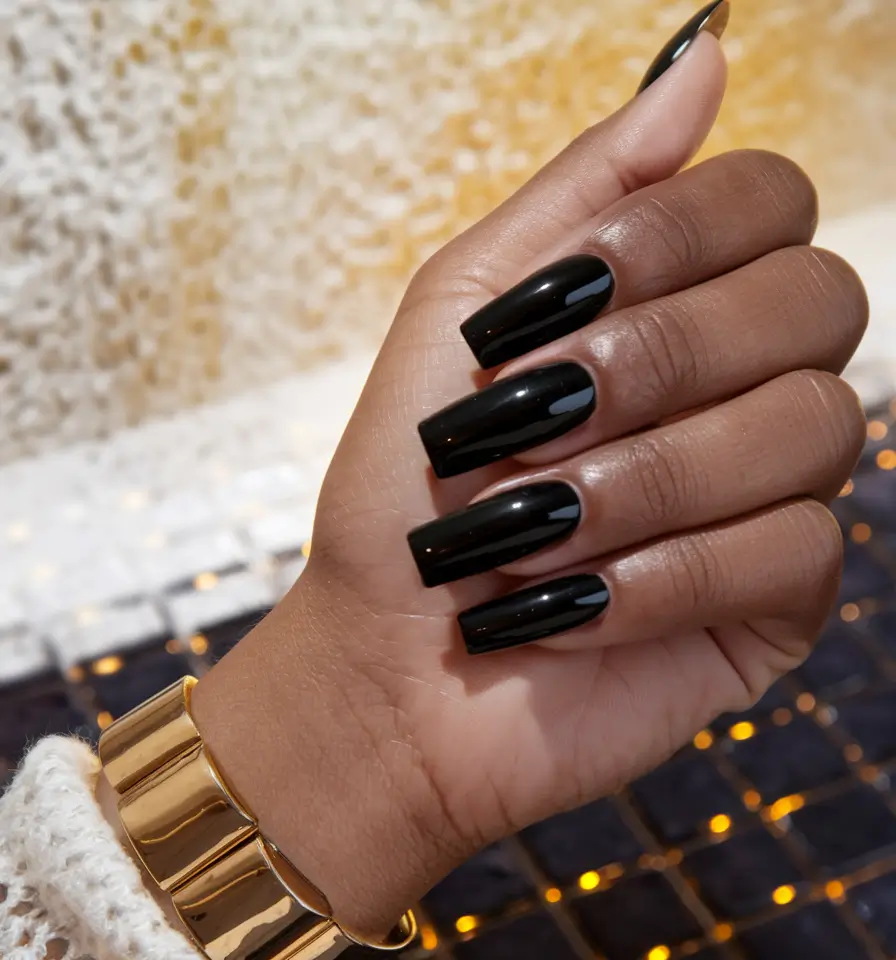 Stylish Dark Fall Nails 2025 Glossy Black Coffin Elegance