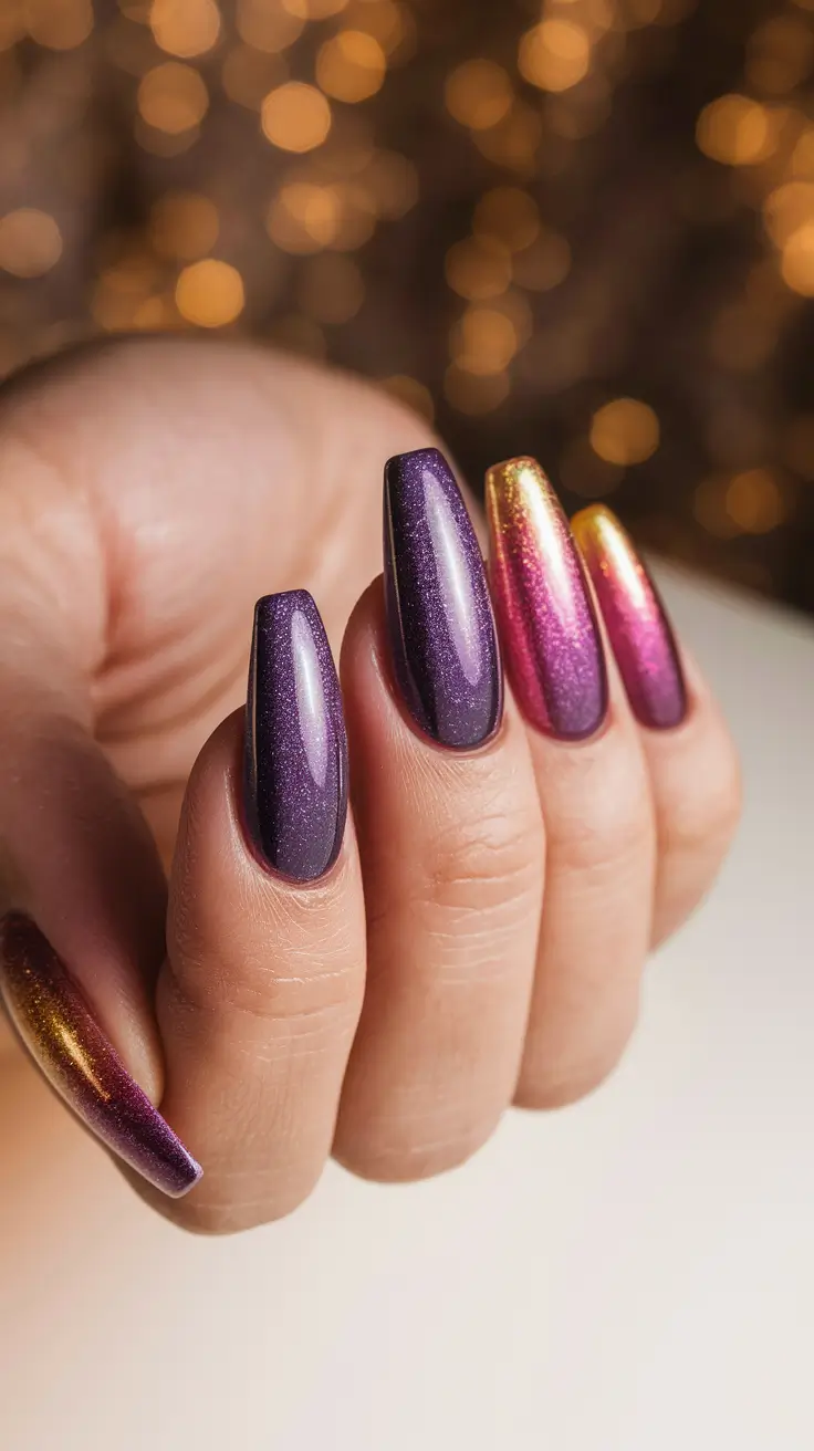 Stylish Dark Fall Nails 2025 Purple-Gold Shimmer Chrome