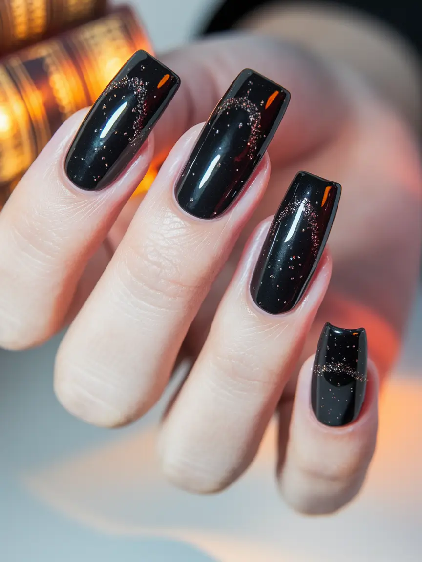 Stylish Dark Fall Nails 2025 Cosmic Black Spark