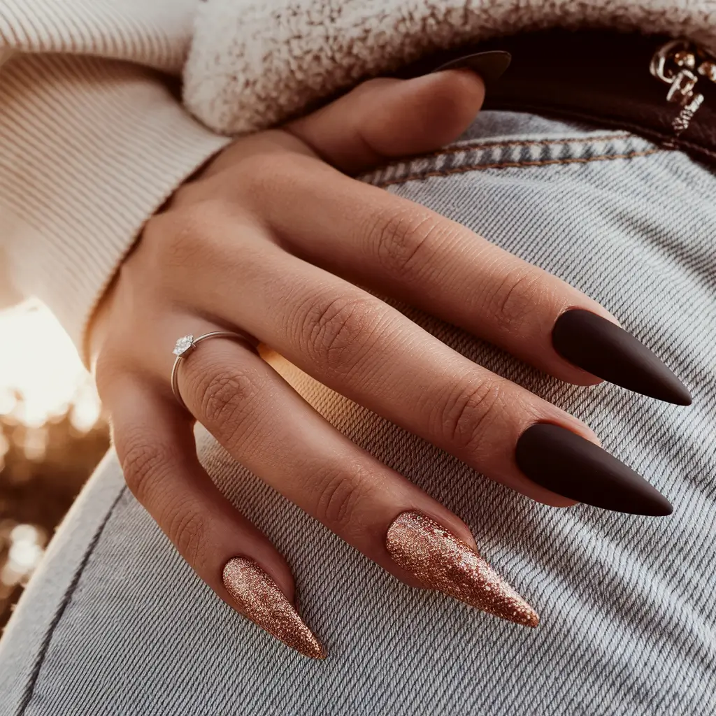 Stylish Dark Fall Nails 2025 Matte Black and Rose Gold Contrast