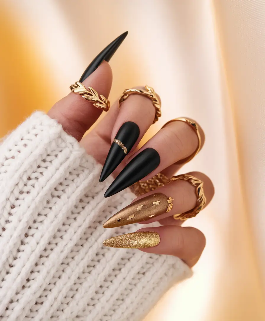 Stylish Dark Fall Nails 2025 Black and Gold Drama