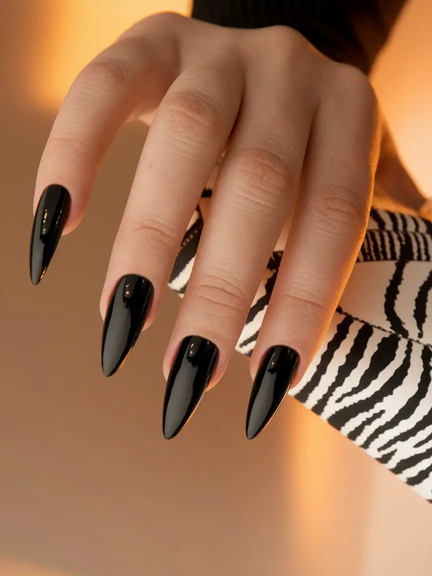 Stylish Dark Fall Nails 2025 Classic Jet Black Almond