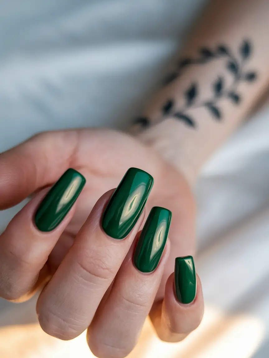 Stylish Fall Green Nails 2025 Glossy Green Coffin Nails