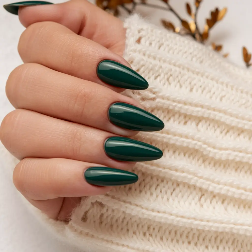 Stylish Fall Green Nails 2025 Classic Almond Green Perfection