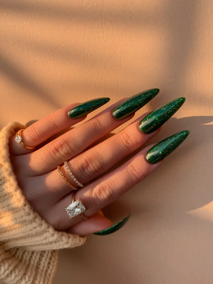 Stylish Fall Green Nails 2025 Sparkling Emerald Stiletto Nails