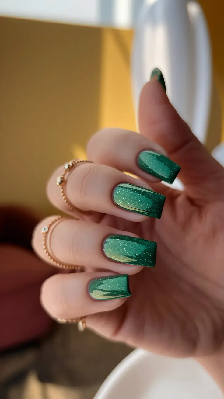 Stylish Fall Green Nails 2025 Green Glitter Square Nails