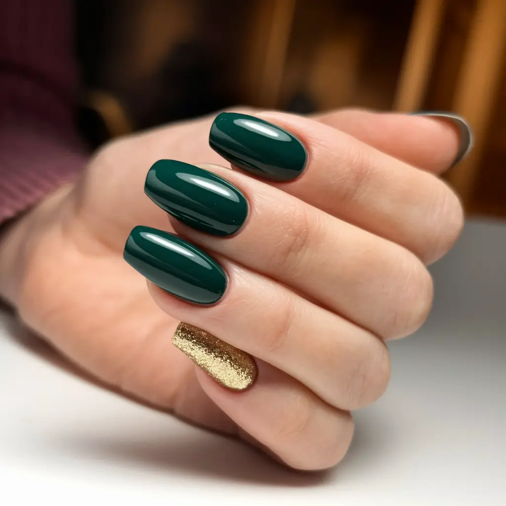 Stylish Fall Green Nails 2025 Gold Accent on Deep Green