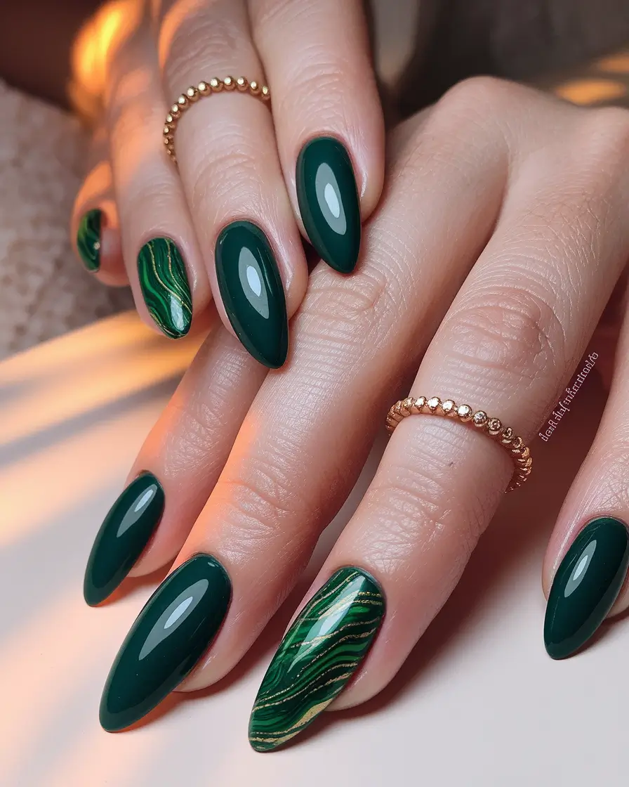 fall green nails almond art design