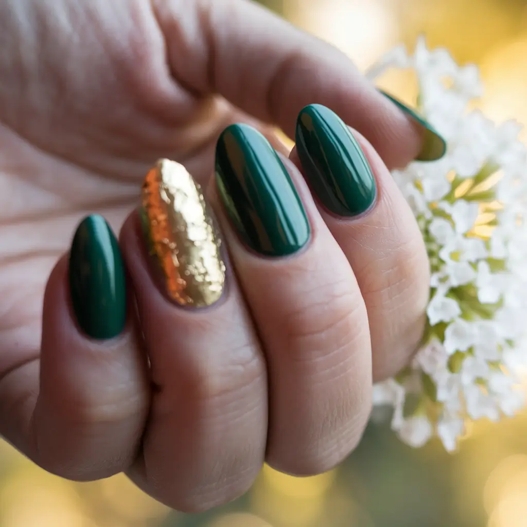 fall green nails gold accent