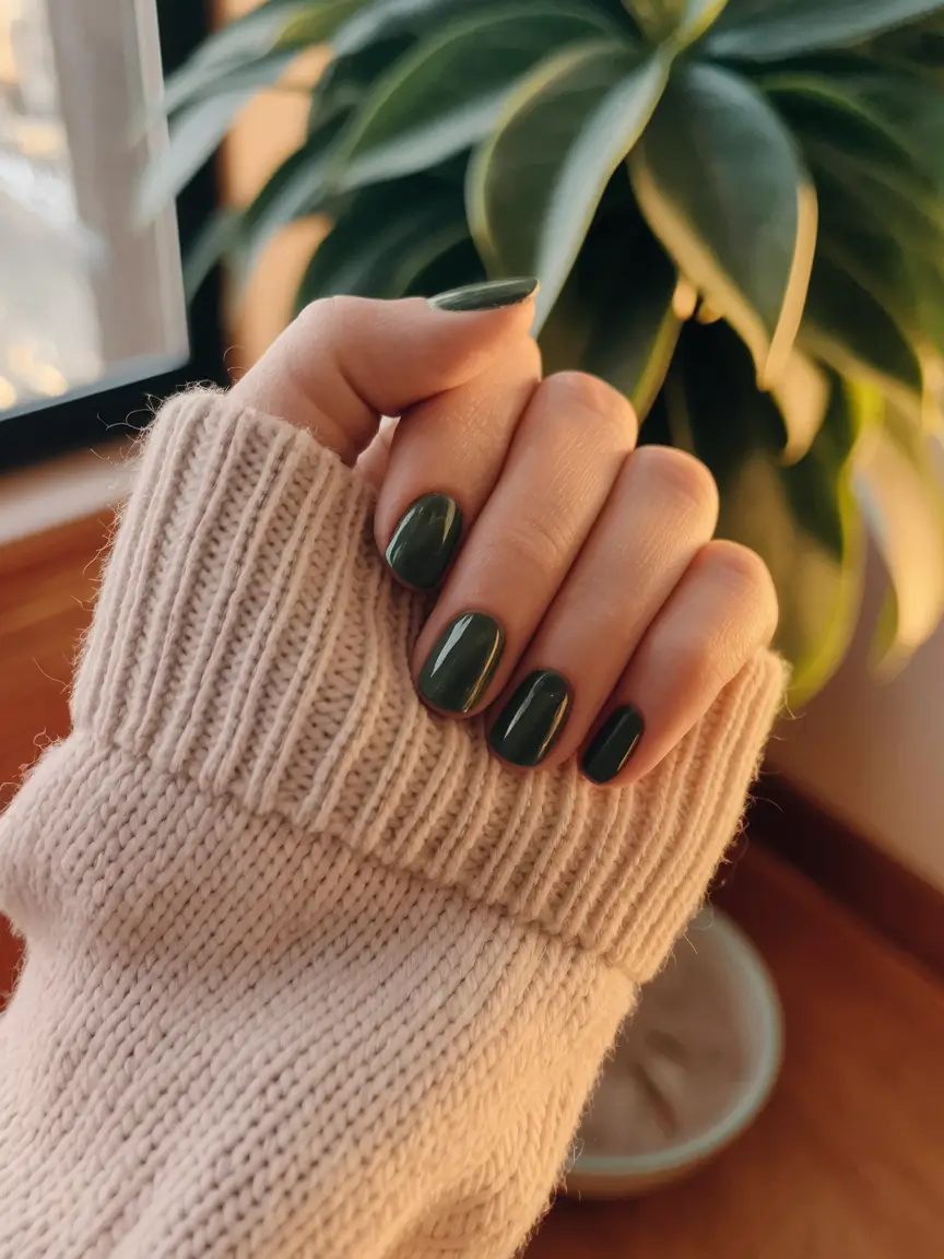 fall green nails short design