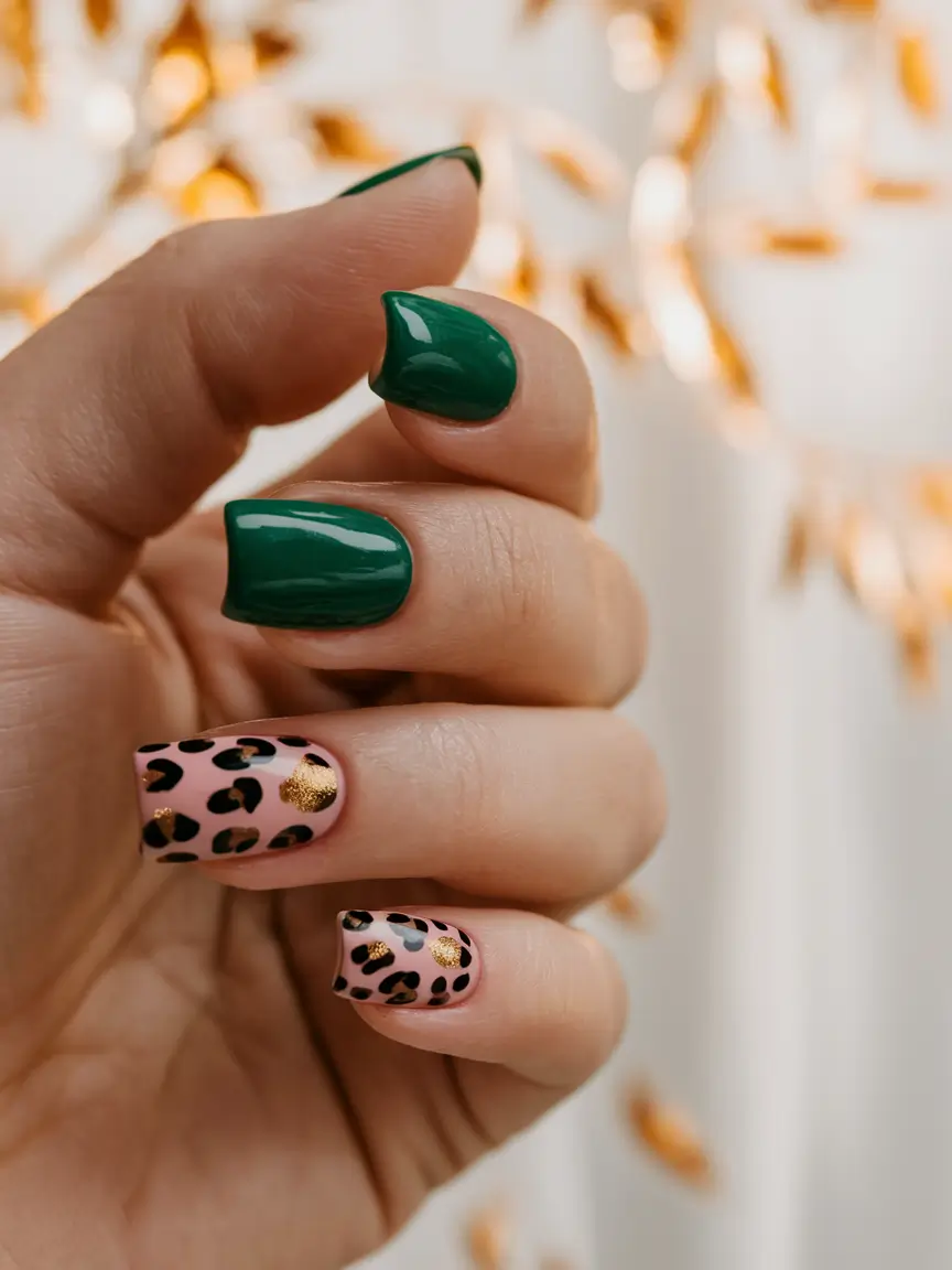 Stylish Fall Green Nails 2025 Green and Leopard Print Combo
