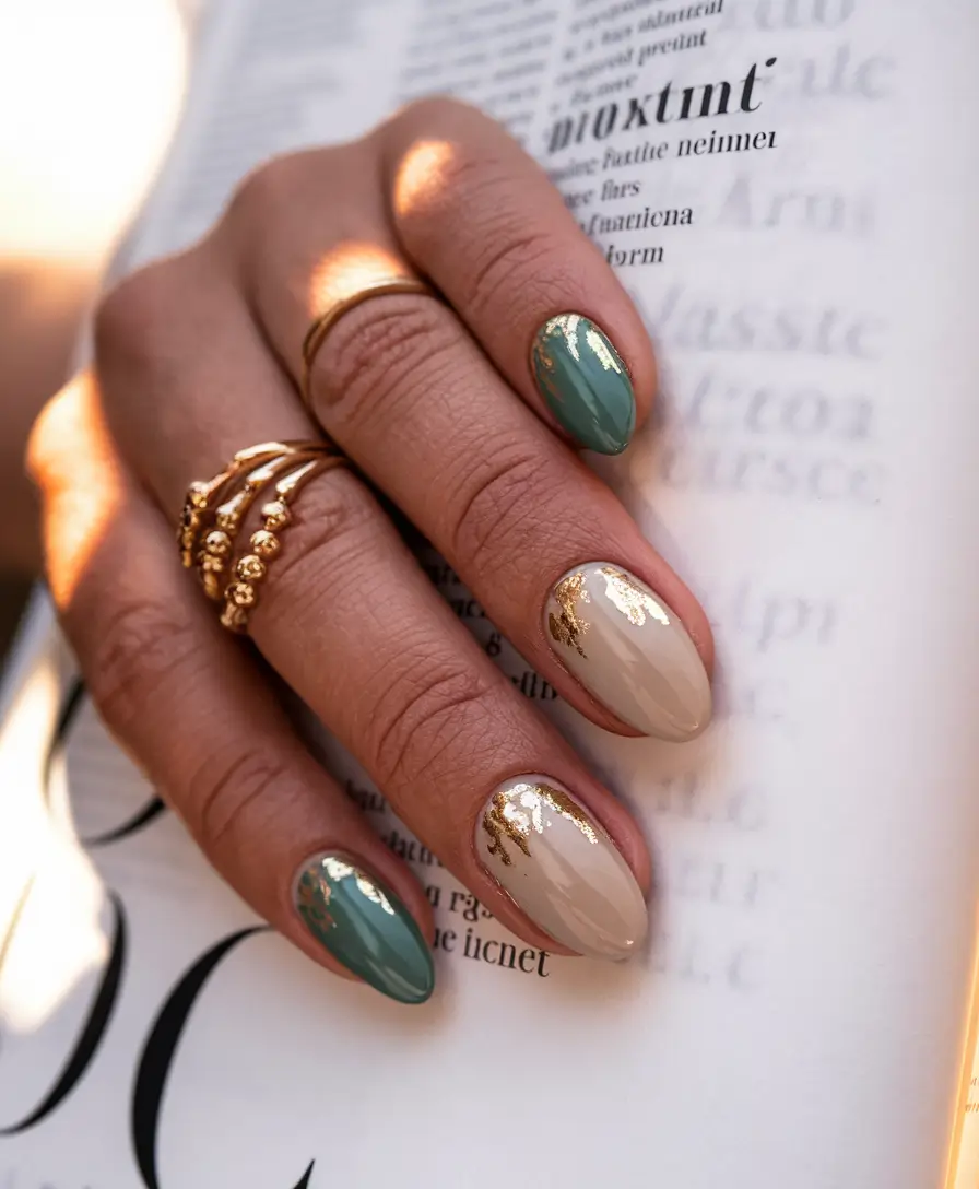 fall green nails two-tone art design