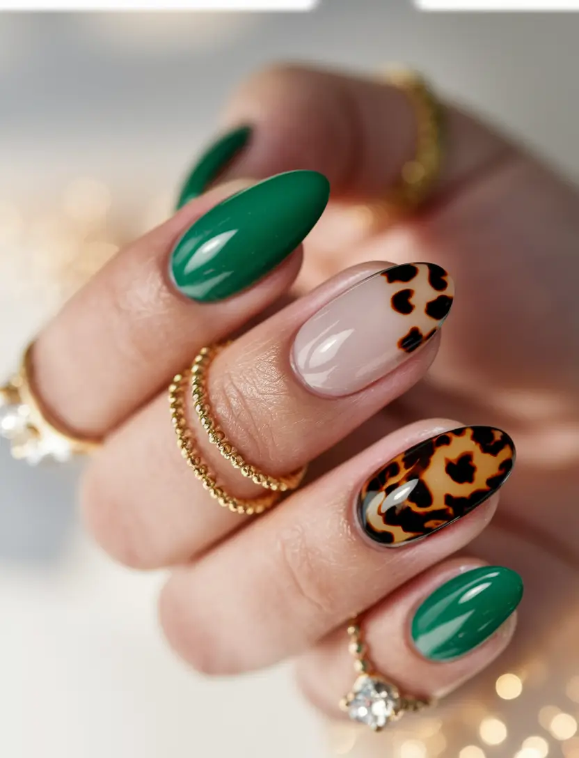 Stylish Fall Green Nails 2025 Almond Green Nails with Tortoiseshell Accents