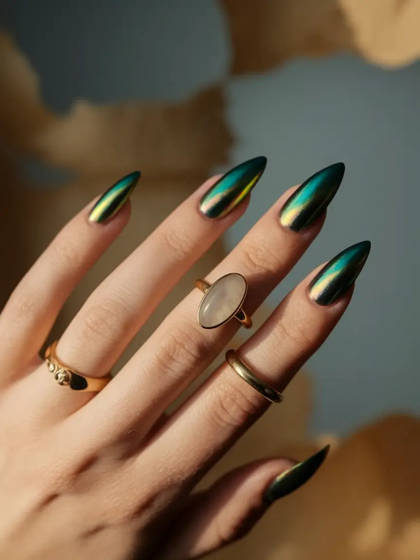 Stylish Fall Green Nails 2025 Chrome-Tinted Green Coffin Nails