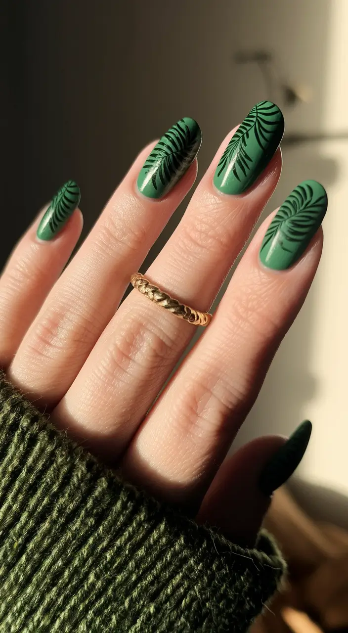 Stylish Fall Green Nails 2025 Matte Green with Tropical Leaf Art