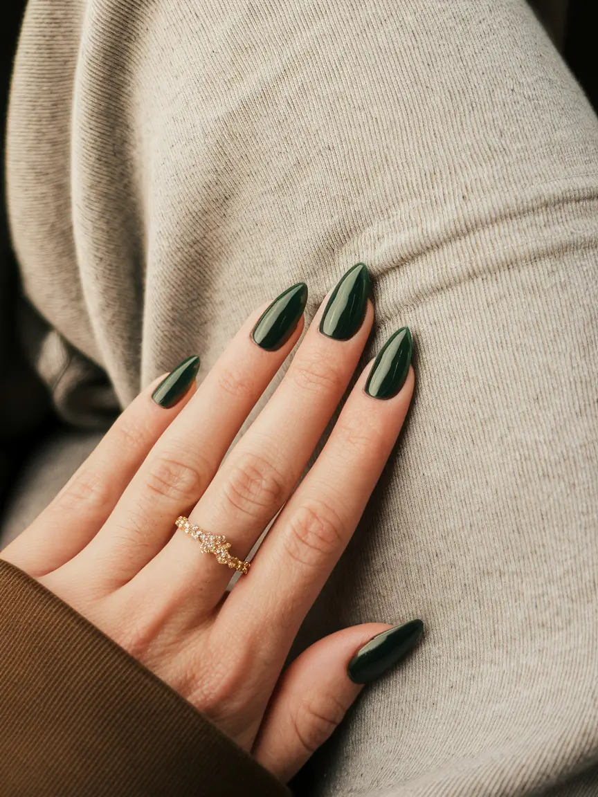 Stylish Fall Green Nails 2025 Classic Almond Green Elegance