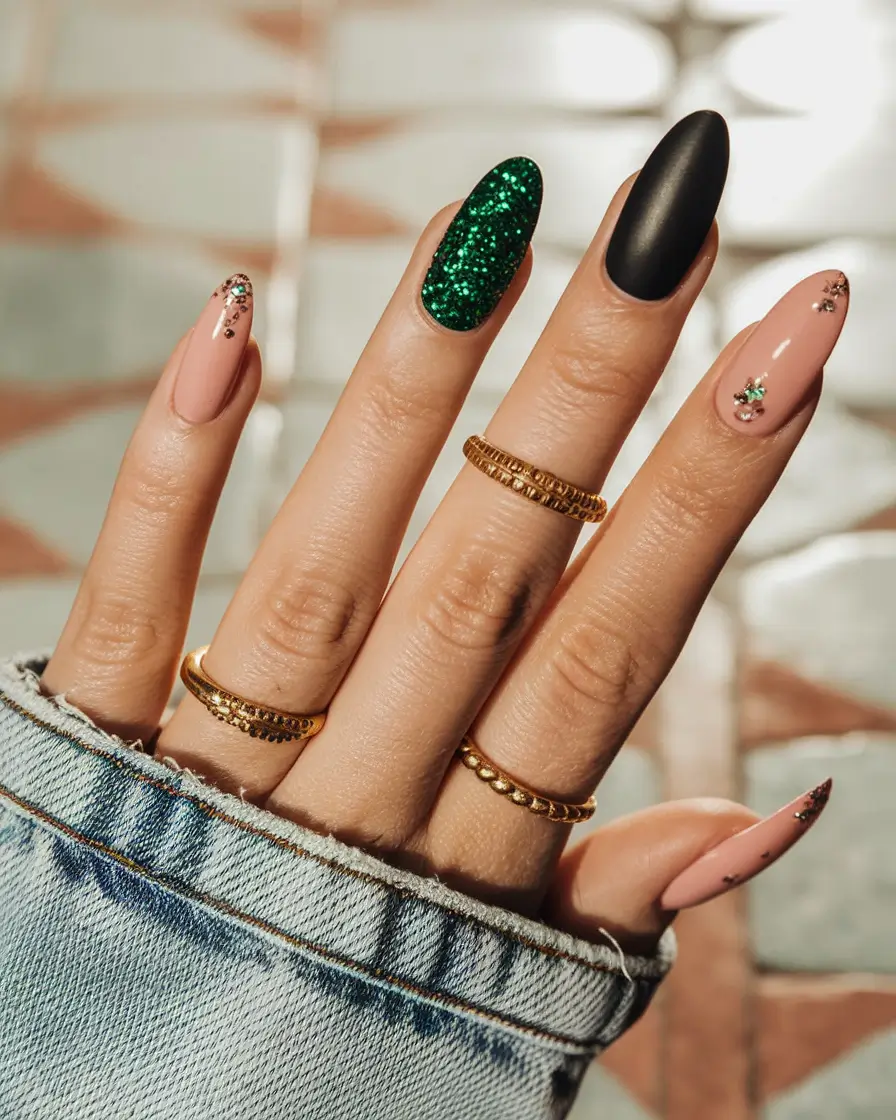 Stylish Fall Green Nails 2025 Mixed Finish Glam with Glitter and Matte