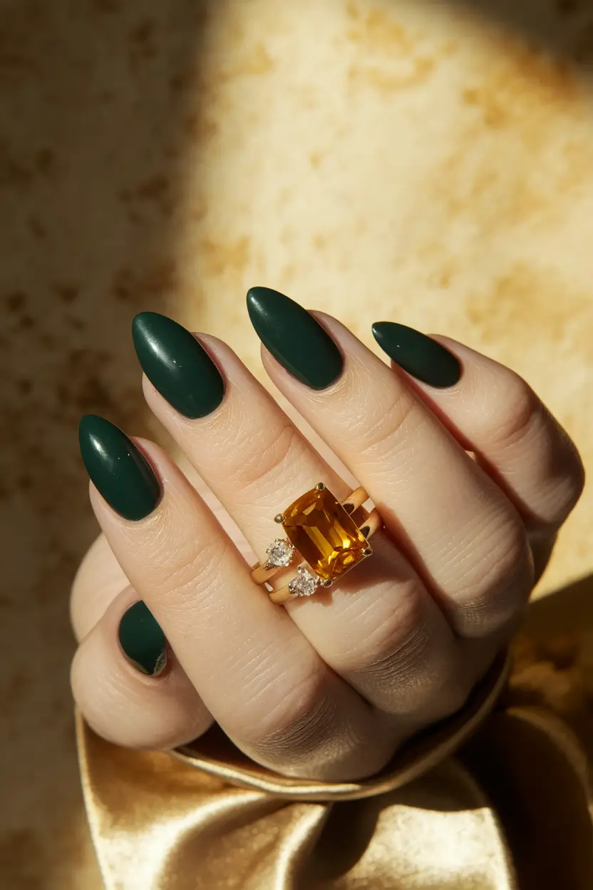Stylish Fall Green Nails 2025 Matte Dark Green with Golden Glow