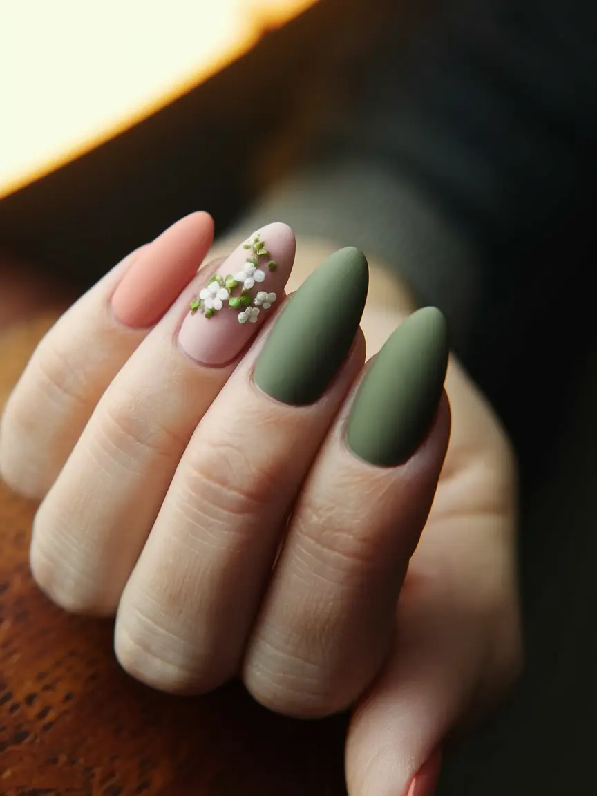 Stylish Fall Green Nails 2025 Soft Green and Pink with Floral Accents