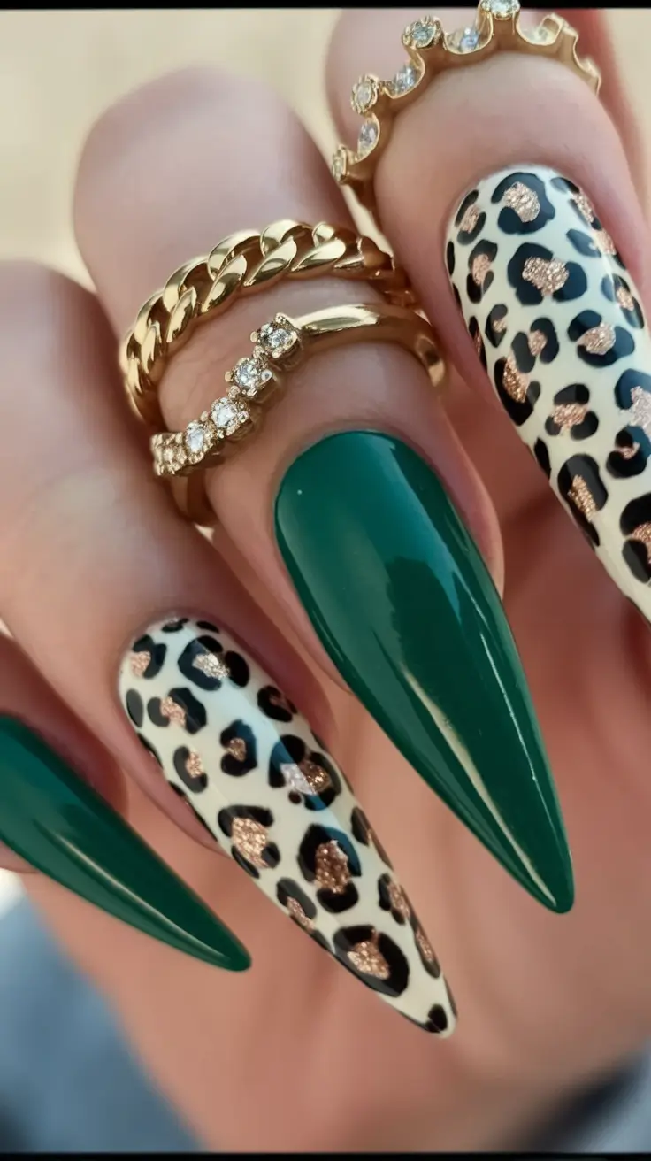 Stylish Fall Stiletto Nails 2025 Emerald Green with Leopard Luxe